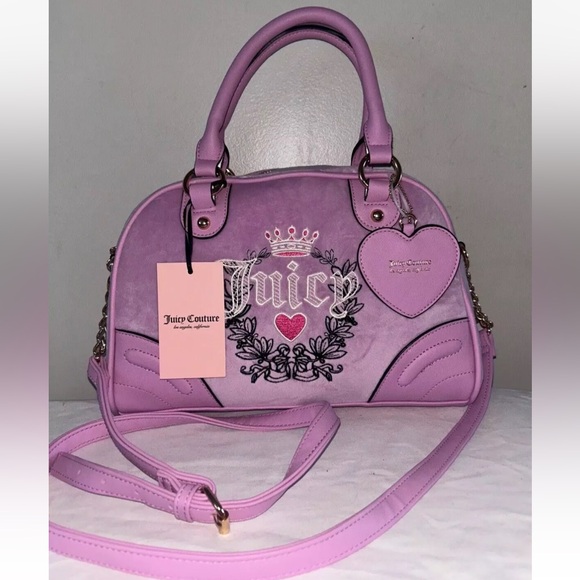 NEW! NWT JUICY COUTURE Heritage Bowler Velour Crossbody Bag Fondant Pink - Picture 2 of 7